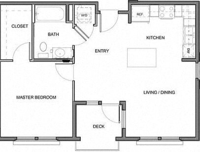 Floor plan for 1 bed, 1 bath, 699 sqft