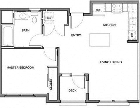Floor plan for 1 bed, 1 bath, 693 sqft