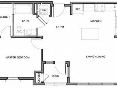 Floor plan for 1 bed, 1 bath, 756 sqft