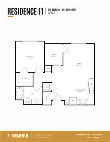 Floor plan for 1 bed, 1 bath, 663 sqft