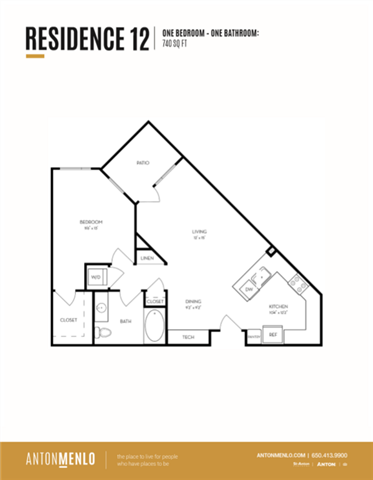 Floor plan for 1 bed, 1 bath, 740 sqft