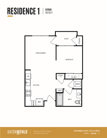 Floor plan for studio, 1 bath, 563 sqft