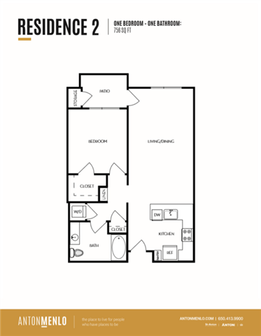Floor plan for 1 bed, 1 bath, 756 sqft