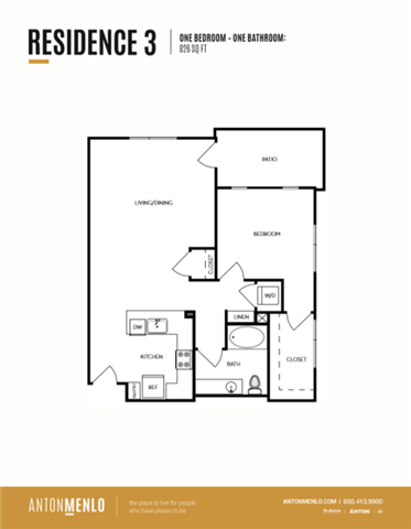 Floor plan for 1 bed, 1 bath, 826 sqft