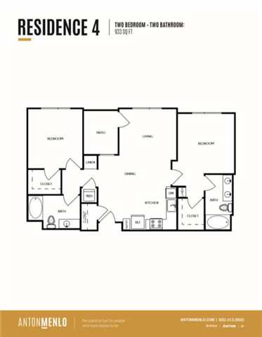 Floor plan for 2 beds, 2 baths, 994 sqft