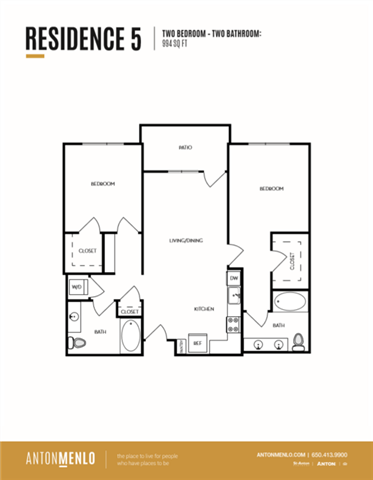 Floor plan for 2 beds, 2 baths, 994 sqft
