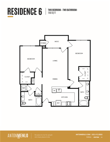 Floor plan for 2 beds, 2 baths, 1168 sqft