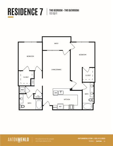 Floor plan for 2 beds, 2 baths, 1131 sqft