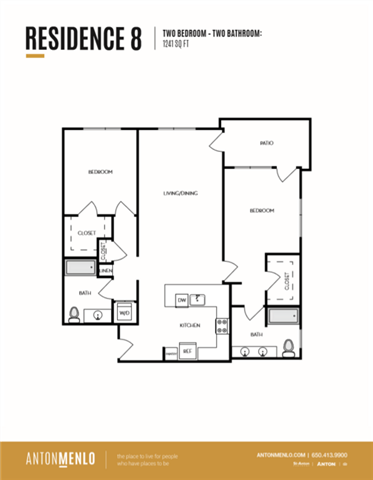 Floor plan for 2 beds, 2 baths, 1168 sqft