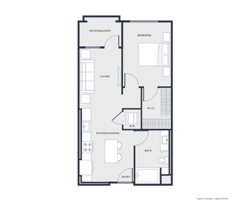 Floor plan for 1 bed, 1 bath, 647 sqft