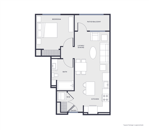 Floor plan for 1 bed, 1 bath, 648 sqft