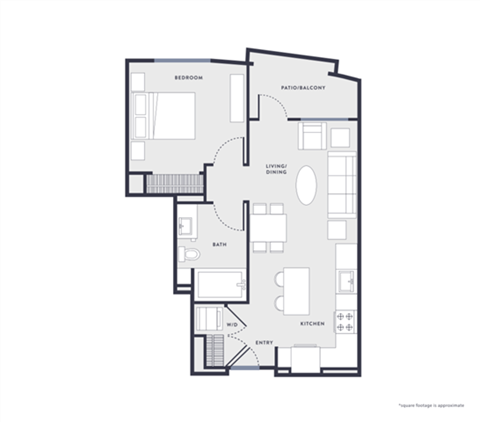 Floor plan for 1 bed, 1 bath, 654 sqft