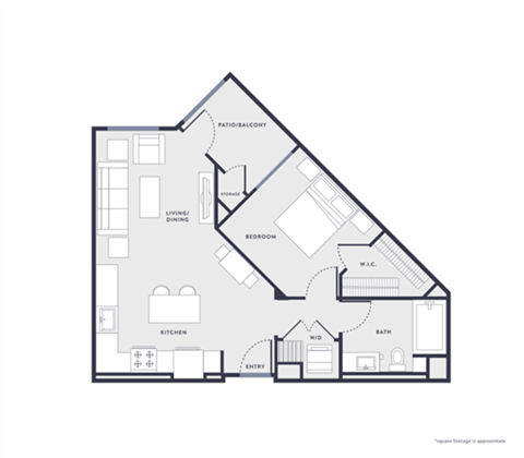Floor plan for 1 bed, 1 bath, 691 sqft