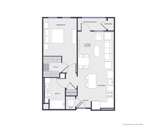 Floor plan for 1 bed, 1 bath, 736 sqft