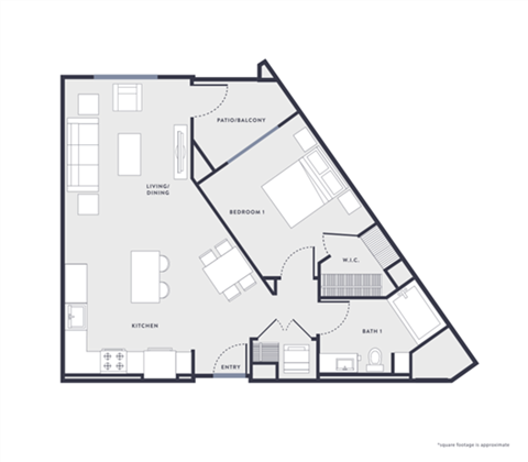 Floor plan for 1 bed, 1 bath, 794 sqft