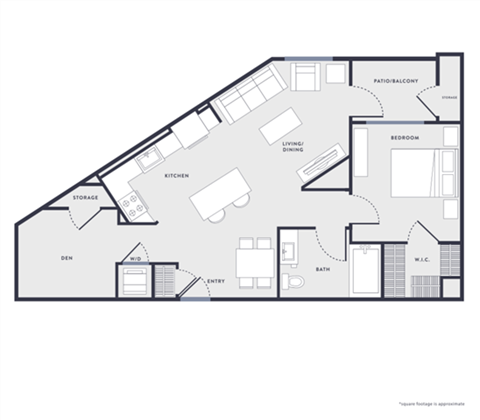 Floor plan for 1 bed, 1 bath, 839 sqft