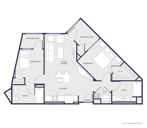 Floor plan for 2 beds, 2 baths, 891 sqft