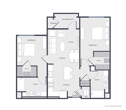 Floor plan for 2 beds, 2 baths, 1030 sqft