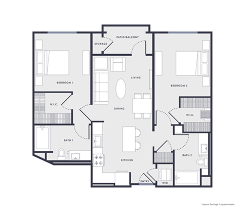 Floor plan for 2 beds, 2 baths, 1058 sqft
