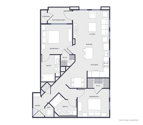 Floor plan for 2 beds, 2 baths, 1091 sqft