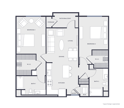 Floor plan for 2 beds, 2 baths, 1116 sqft