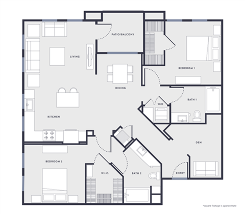 Floor plan for 2 beds, 2 baths, 1362 sqft