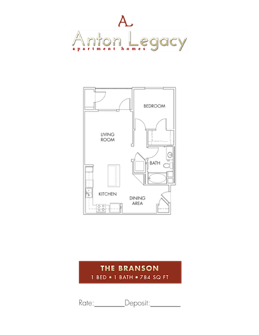 Floor plan for 1 bed, 1 bath, 765 sqft