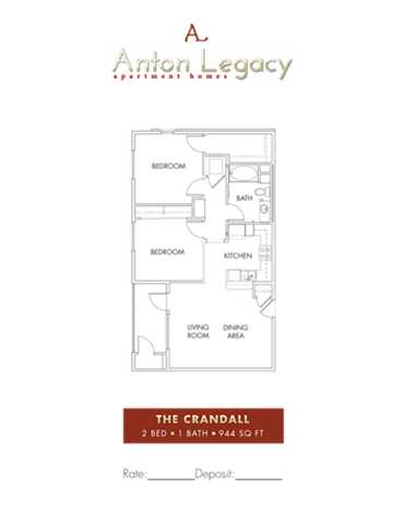 Floor plan for 2 beds, 1 bath, 1000 sqft
