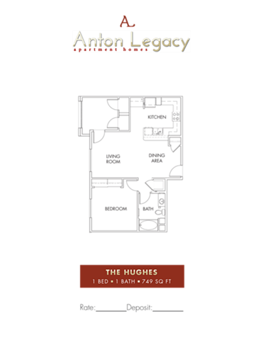 Floor plan for 1 bed, 1 bath, 765 sqft