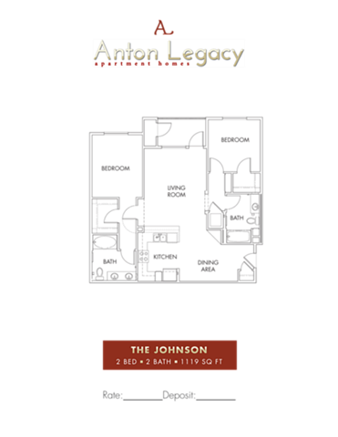Floor plan for 2 beds, 2 baths, 1000 sqft