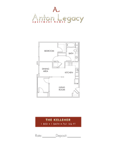 Floor plan for 1 bed, 1 bath, 761 sqft