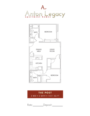 Floor plan for 2 beds, 2 baths, 944 sqft