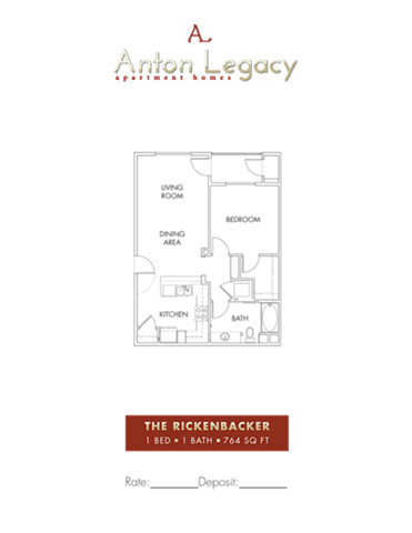 Floor plan for 1 bed, 1 bath, 765 sqft