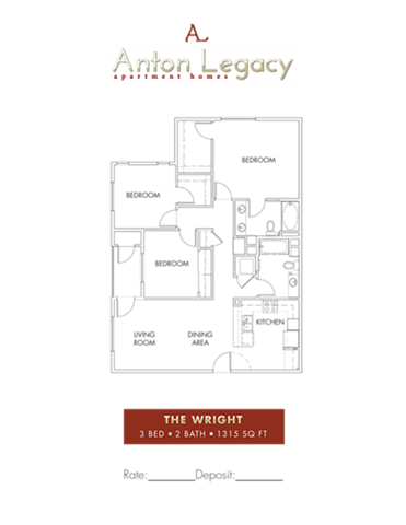 Floor plan for 3 beds, 2 baths, 1315 sqft
