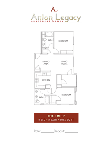 Floor plan for 2 beds, 2 baths, 944 sqft
