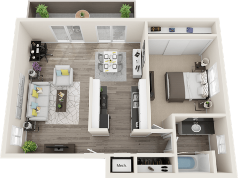 Floor plan for 1 bed, 1 bath, 750 sqft