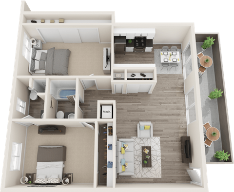 Floor plan for 2 beds, 2 baths, 1050 sqft
