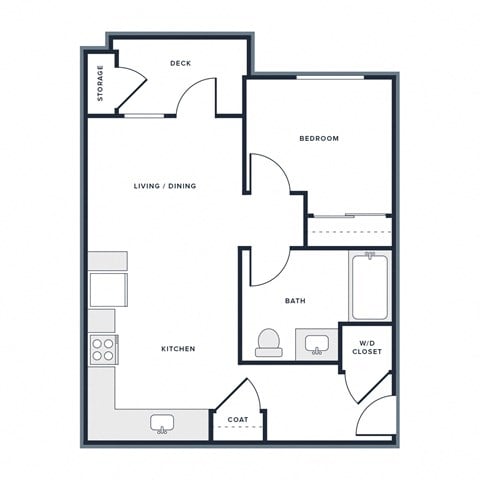 Floor plan for 1 bed, 1 bath, 632 sqft