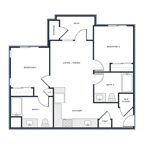 Floor plan for 2 beds, 2 baths, 855 sqft