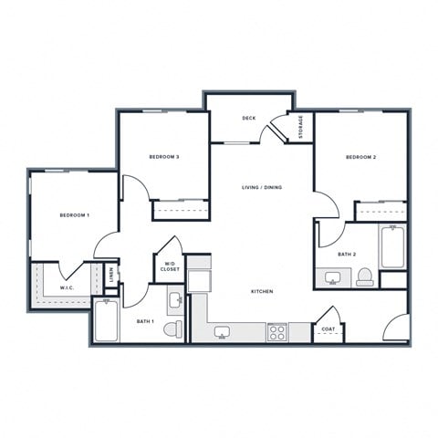 Floor plan for 3 beds, 2 baths, 1159 sqft