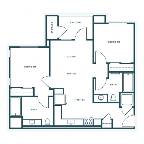 Floor plan for 2 beds, 2 baths