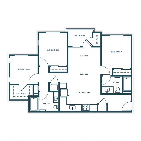 Floor plan for 3 beds, 2 baths