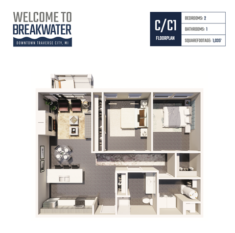 Floor plan for 2 beds, 1 bath, 1035 sqft