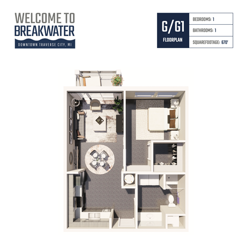 Floor plan for 1 bed, 1 bath, 670 sqft