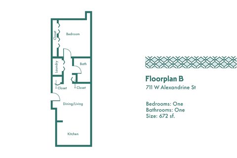 Floor plan for 1 bed, 1 bath, 672 sqft