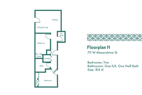 Floor plan for 2 beds, 1.5 baths, 815 sqft