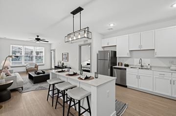 Elizabethtown apartment for rent - A modern kitchen with white cabinets and a large island.