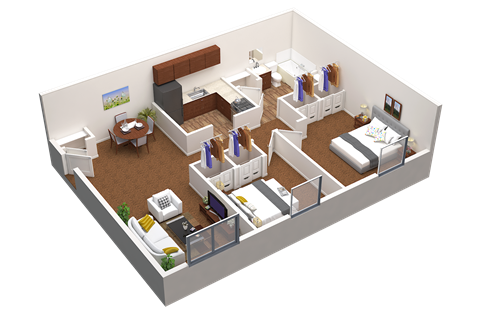 Floor plan for 2 beds, 1 bath, 900 sqft