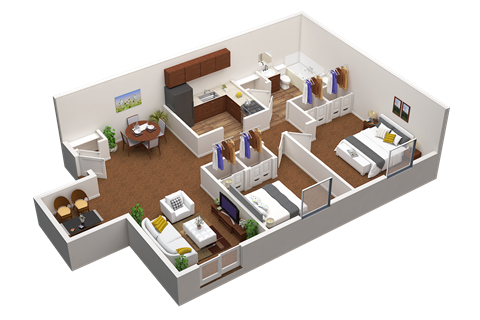 Floor plan for 2 beds, 1 bath, 960 sqft