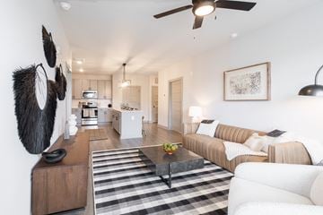 Whitestown apartment for rent - A modern living room with a striped rug and a ceiling fan.